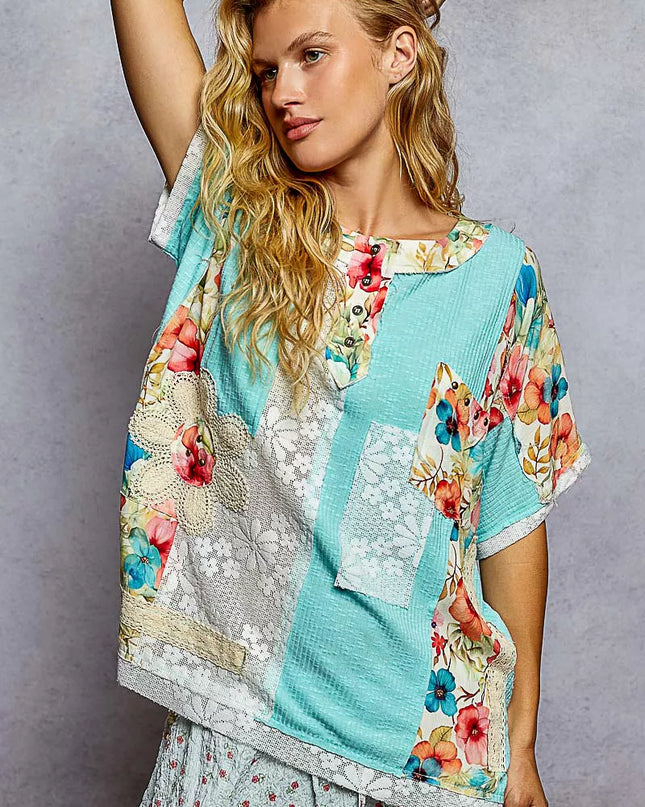 POL Lace Round Neck Short Sleeve Floral Pattern Top with Patch Detail - Sleekdenim.com