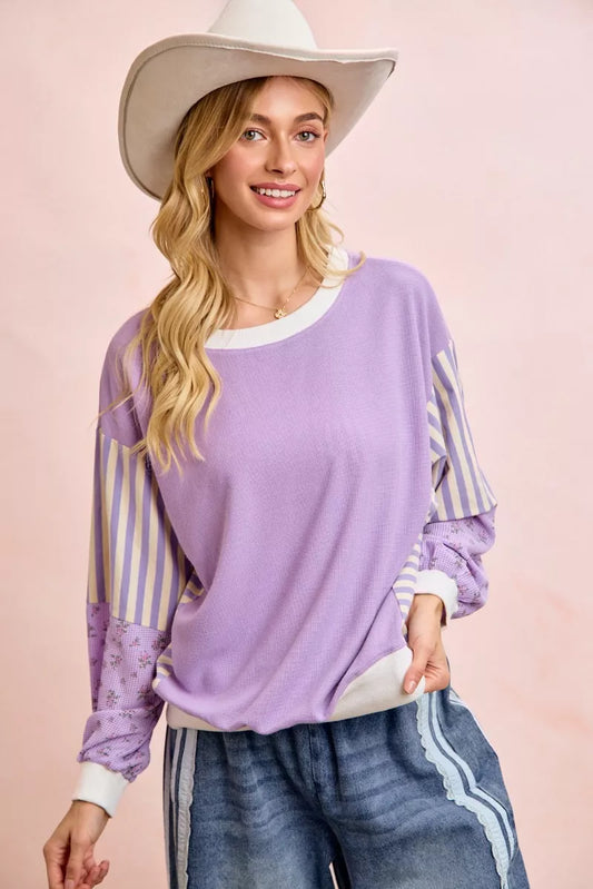 BiBi Mix and Match Sweatshirt with Floral Sleeve Stripes - Sleekdenim.com