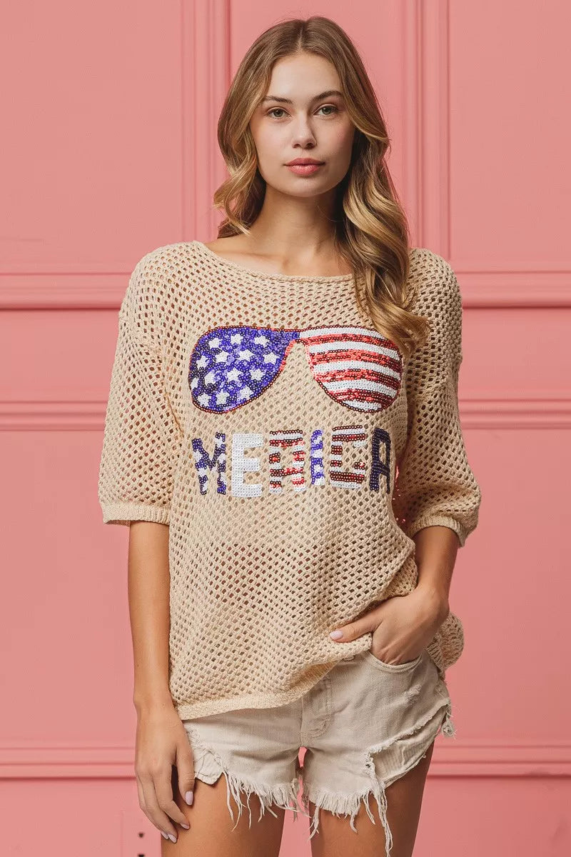 BiBi Sequin American Flag Sunglasses Knit Cover Up