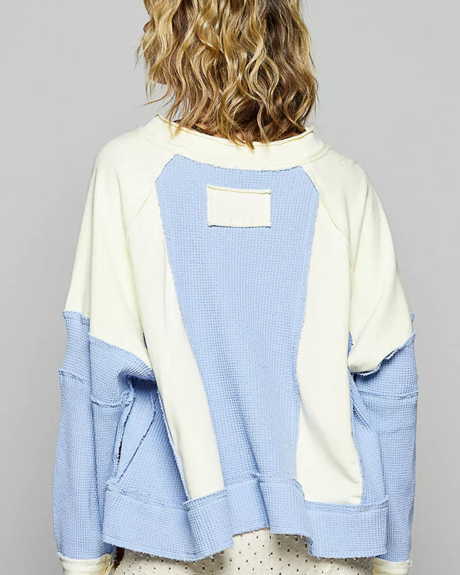 POL Color Block Waffle Knit Raw Hem Sweatshirt - Sleekdenim.com