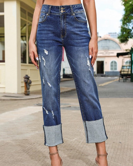 Denim High Waist Distressed Straight Leg Jeans - Sleekdenim.com