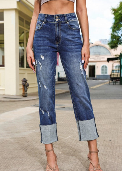 Denim High Waist Distressed Straight Leg Jeans - Sleekdenim.com
