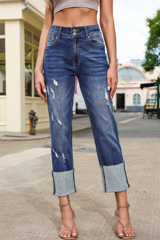Denim High Waist Distressed Straight Leg Jeans - Sleekdenim.com