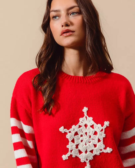 SO ME Christmas Snowflake Crochet Embellished Sweater - Sleekdenim.com