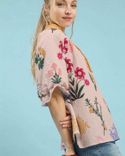 Umgee Floral Puff Sleeve Blouse with Scallop Trim Collar - Sleekdenim.com