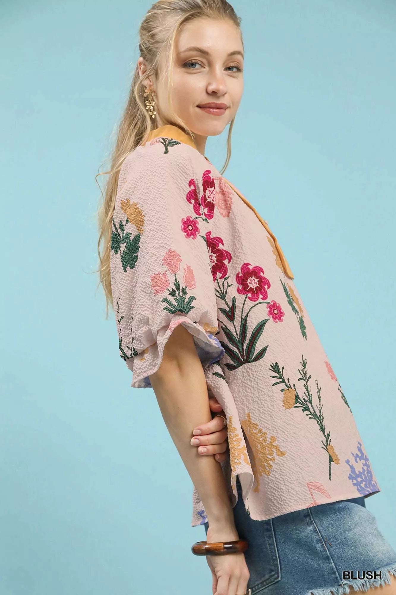 Umgee Floral Puff Sleeve Blouse with Scallop Trim Collar - Sleekdenim.com