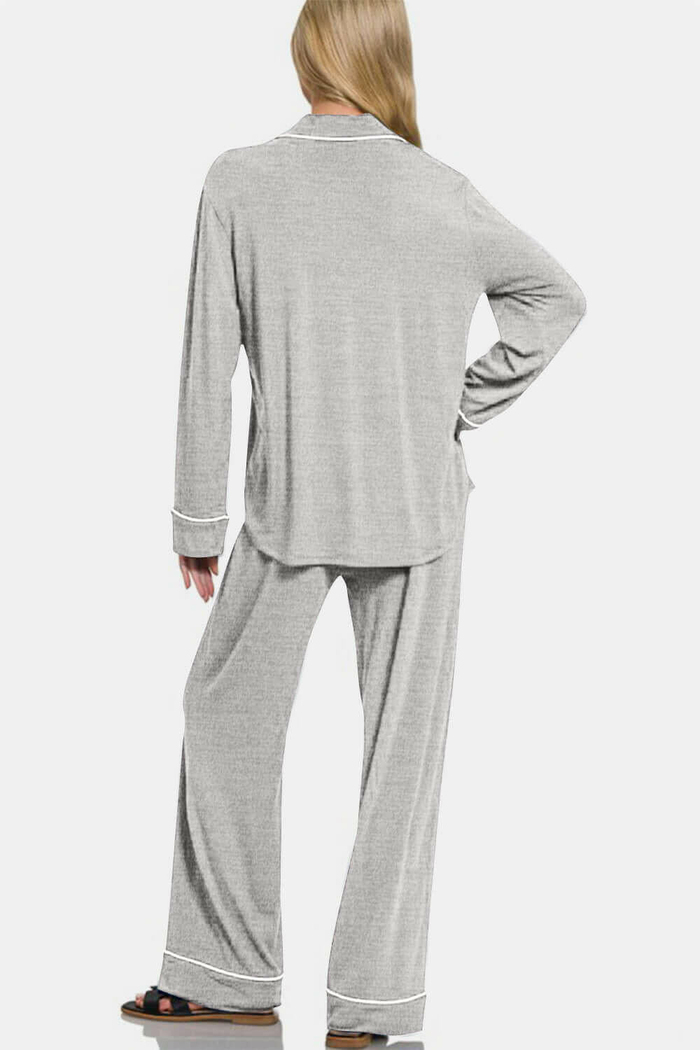 Zenana Button Down Long Sleeve Top and Pants Lounge Set | Sleekdenim.com