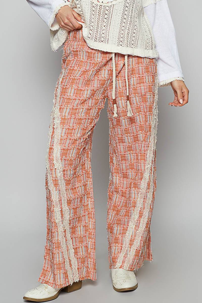 POL Lace Trim Drawstring Checkered Wide Leg Pants | Sleekdenim.com