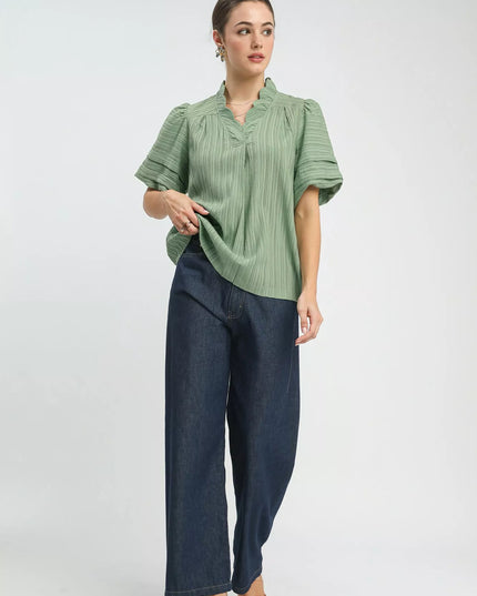 Umgee Seersucker Bubble Sleeve V-Neck Blouse - Sleekdenim.com