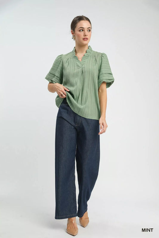Umgee Seersucker Bubble Sleeve V-Neck Blouse - Sleekdenim.com