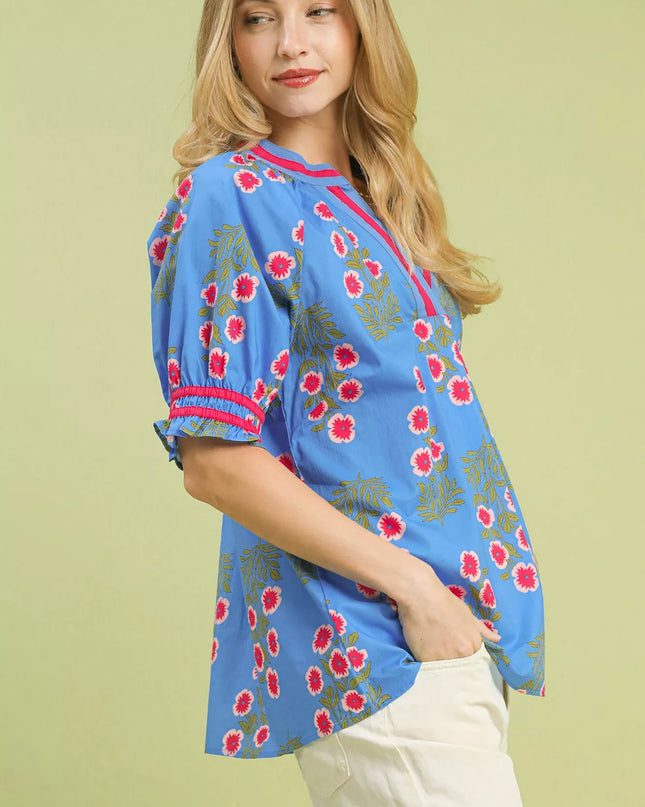 Umgee Floral V-Neck Puff Sleeve Top - Sleekdenim.com