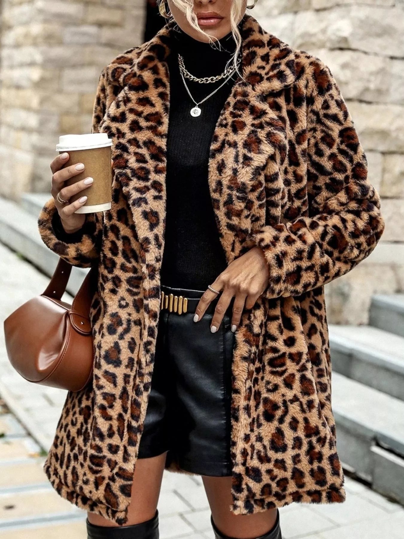 Leopard Print Faux Fur Longline Coat - Sleekdenim.com