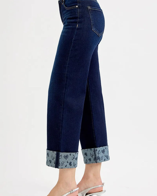 RISEN Full Size Mid Rise Fit Crop Wide With Printed Cuff Jeans Plus Size - Sleekdenim.com