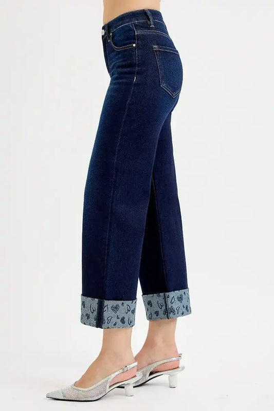 RISEN Mid Rise Fit Crop Wide With Printed Cuff Jeans