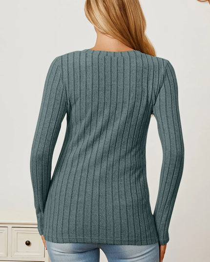 Basic Bae Full Size Ribbed V-Neck Long Sleeve T-Shirt - Sleekdenim.com