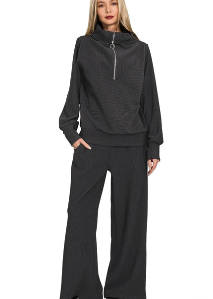 Zenana Ribbed High Neck Half Zip Pullover & Pants Set - Sleekdenim.com