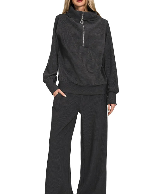 Zenana Ribbed High Neck Half Zip Pullover & Pants Set - Sleekdenim.com