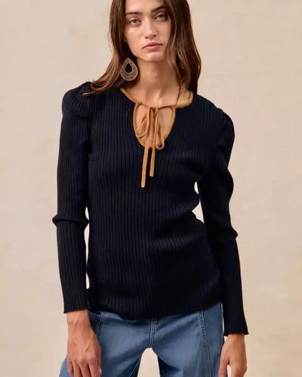 BiBi Ribbed Contrast Front Tied Top with Shrried - Sleekdenim.com