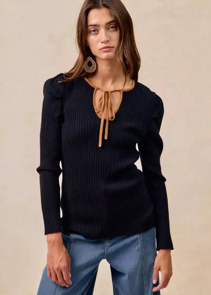 BiBi Ribbed Contrast Front Tied Top with Shrried - Sleekdenim.com