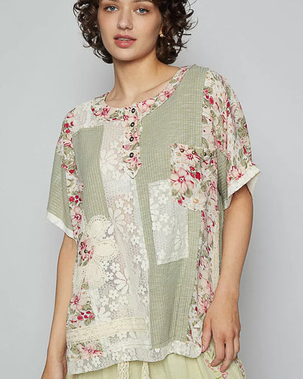 POL Lace Round Neck Short Sleeve Floral Pattern Top with Patch Detail - Sleekdenim.com