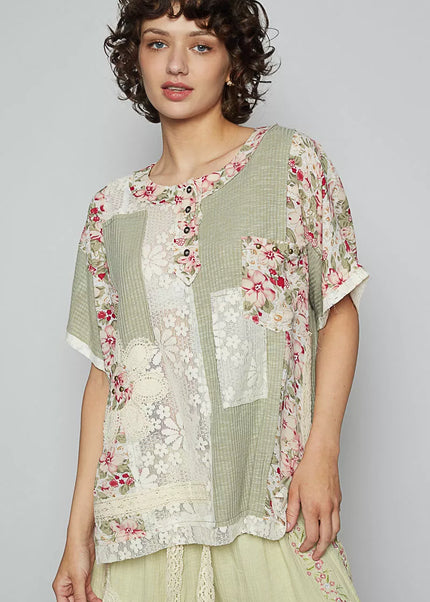 POL Lace Round Neck Short Sleeve Floral Pattern Top with Patch Detail - Sleekdenim.com