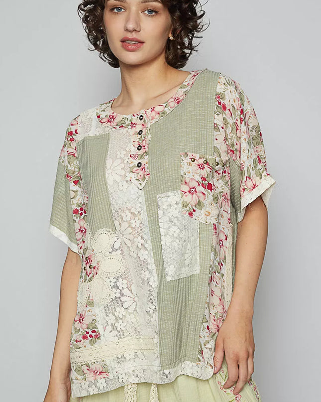POL Lace Round Neck Short Sleeve Floral Pattern Top with Patch Detail - Sleekdenim.com