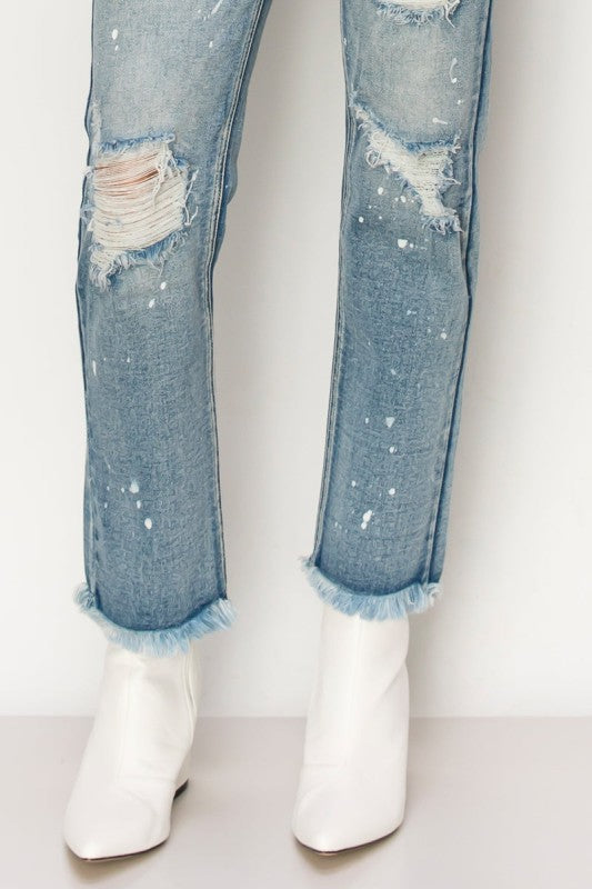 AT1050STM High Rise Distressed Straight Jeans - Sleekdenim.com