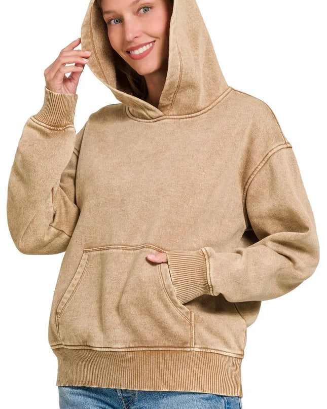 Zenana Fleece Acid Wash Kangaroo Pocket Hoodie - Sleekdenim.com