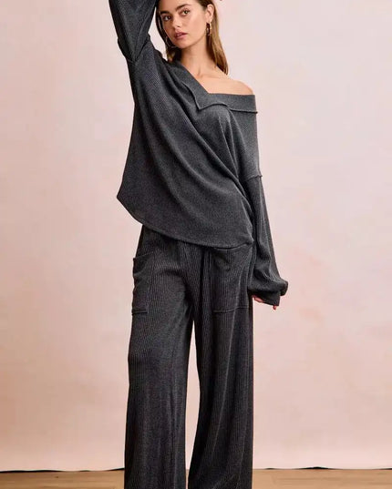 BiBi Two Tone Cord Rib Contrast Stitching V-Neck Top and Pants Set - Sleekdenim.com