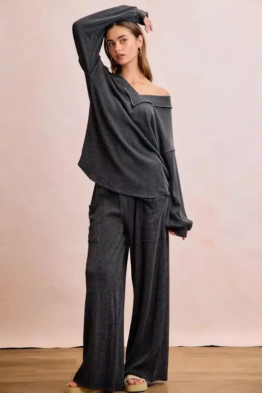 BiBi Two Tone Cord Rib Contrast Stitching V-Neck Top and Pants Set - So Soft & Silky - Sleekdenim.com