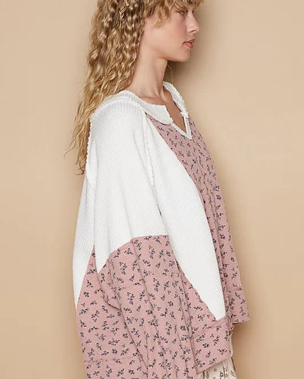 POL Waffle Knit Floral Notched Long Sleeve Top - Sleekdenim.com