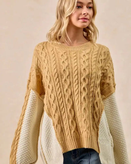 BiBi Cable Knit With Hacci Combo Sweater With Uneven Hem Detail - Sleekdenim.com
