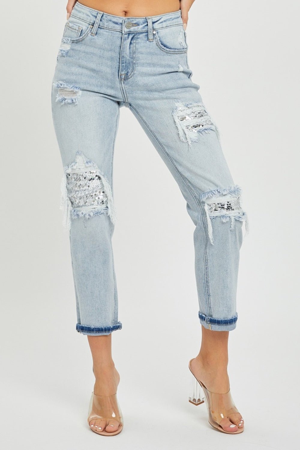 RISEN Mid-Rise Sequin Patched Jeans | Sleekdenim.com