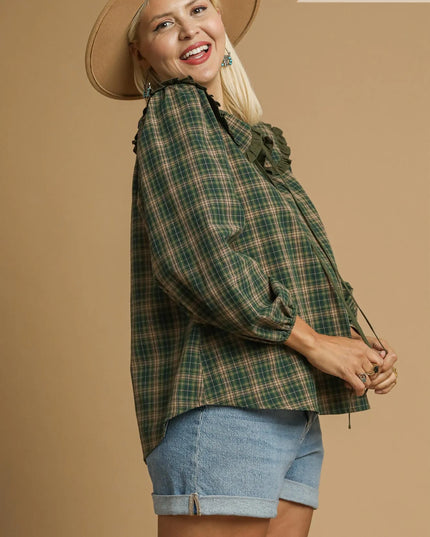 Umgee Full Size Plaid Ruffle Collar Blouse Plus Size - Sleekdenim.com
