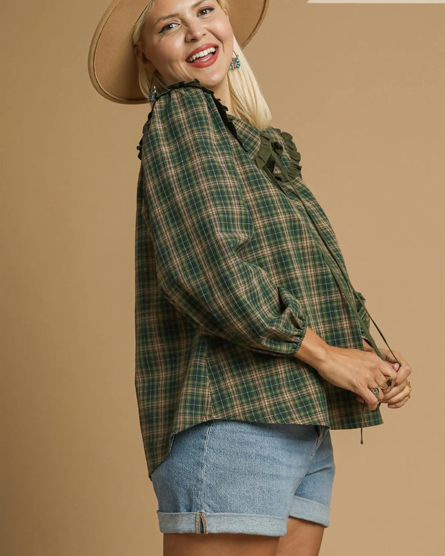 Umgee Full Size Plaid Ruffle Collar Blouse Plus Size - Sleekdenim.com