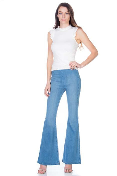 zipper back faded denim flare  jeans pants