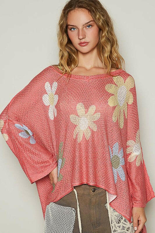 POL Flower Dropped Shoulder Long Sleeve Knit Top | Sleekdenim.com