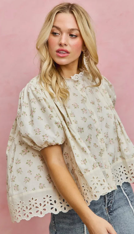 SO ME Floral Print Lace Trim Short Sleeves Blouse - Sleekdenim.com