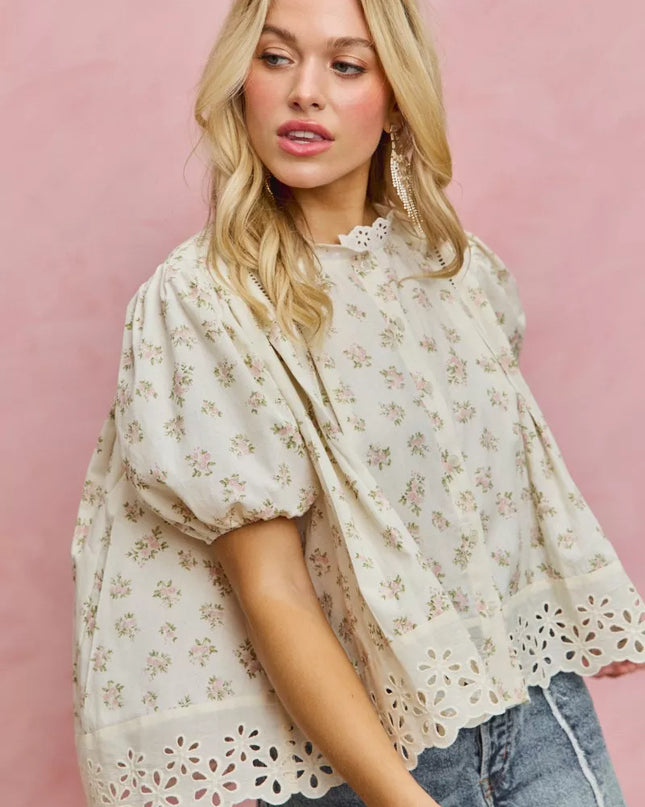SO ME Floral Print Lace Trim Short Sleeves Blouse - Sleekdenim.com