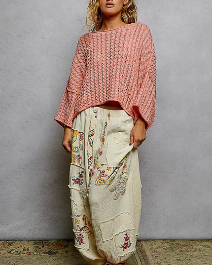 POL Cable-Knit Openwork Round Neck Cropped Sweater - Sleekdenim.com