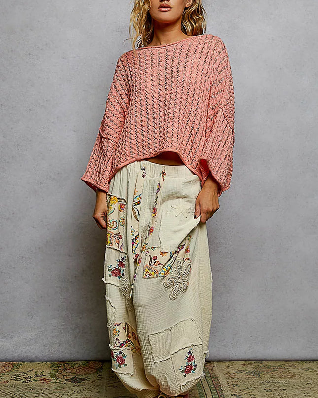 POL Cable-Knit Openwork Round Neck Cropped Sweater - Sleekdenim.com