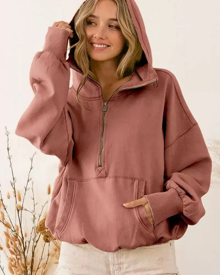 BiBi Stitch Detailed Elastic Hem Half Zip Fleece Hoodie - Sleekdenim.com