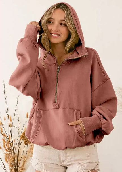 BiBi Stitch Detailed Elastic Hem Half Zip Fleece Hoodie - Sleekdenim.com