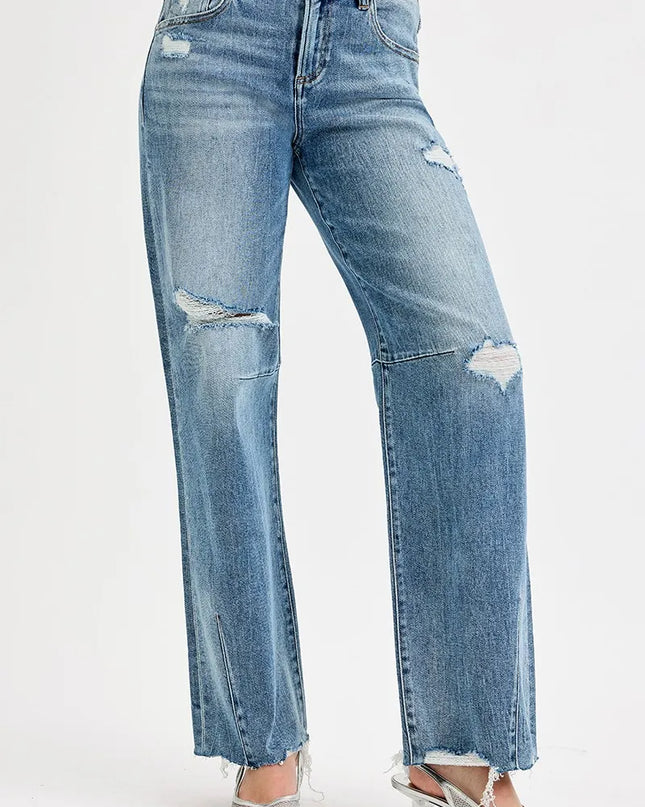 RISEN Full Size Mid Rise Fit Wide Baggy Leg Tie Washed Jeans Plus Size - Sleekdenim.com