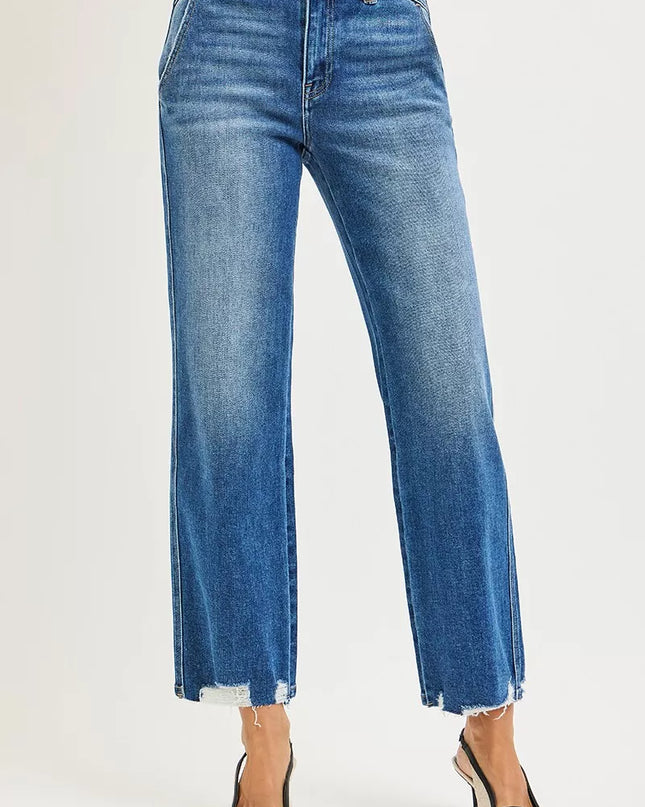 RISEN High Rise Ankle Straight Distressed Hem Detail Jeans - Sleekdenim.com