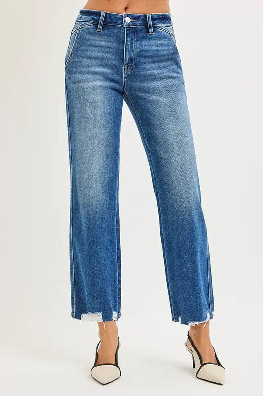 RISEN High Rise Ankle Straight Distressed Hem Detail Jeans - Sleekdenim.com
