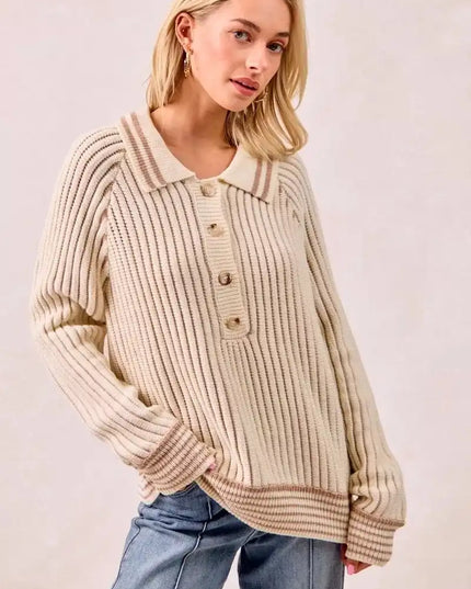 BiBi Half Button Ribbed Two Tone Sweater - Sleekdenim.com
