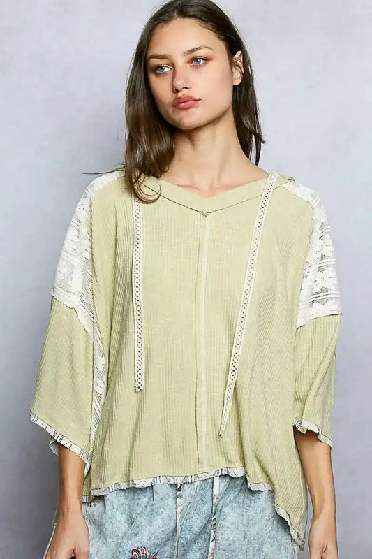 POL Short Sleeve Hoodie Top with Lace Detail