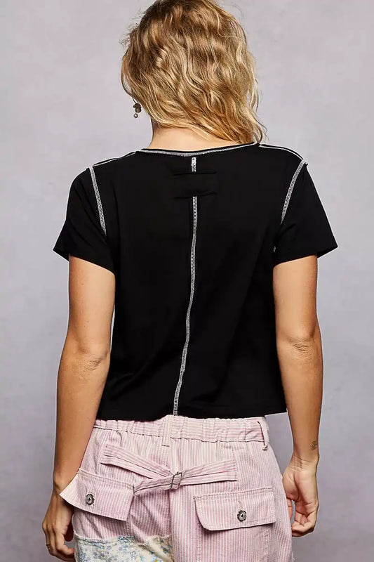 POL Contrast Stitching Round Neck Short Sleeve T-Shirt - Sleekdenim.com