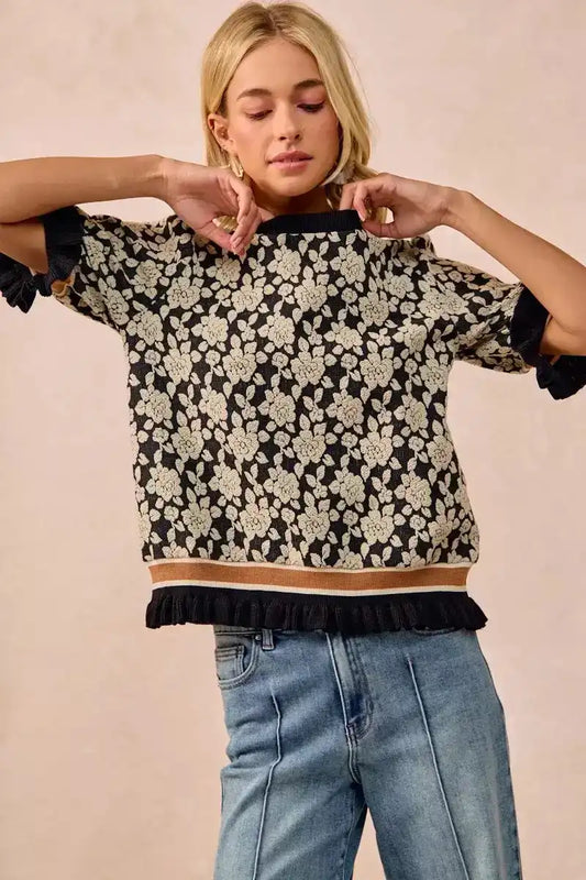 BiBi Textured Rose Knit Top Contrast Banded Puff Sleeve - Sleekdenim.com